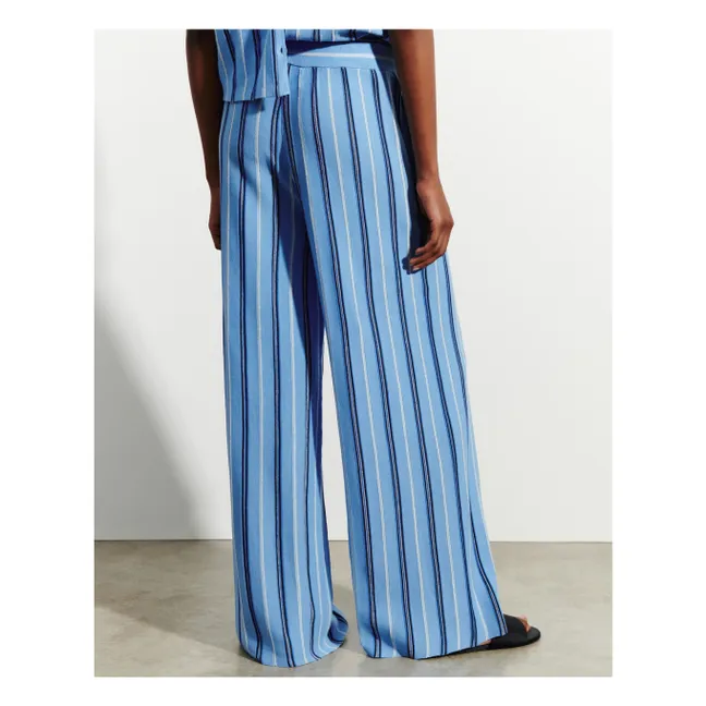 Pantalón a rayas de lino, algodón y seda | Azul