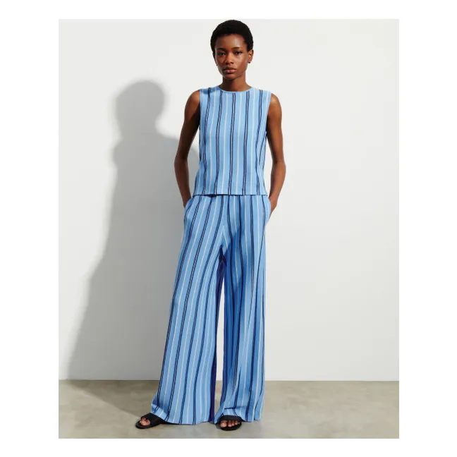 Linen Cotton and Silk Striped Trousers | Blue