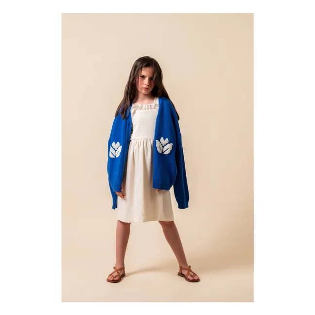 Cobalt Flower Embroidered Organic Cotton Cardigan | Royal blue