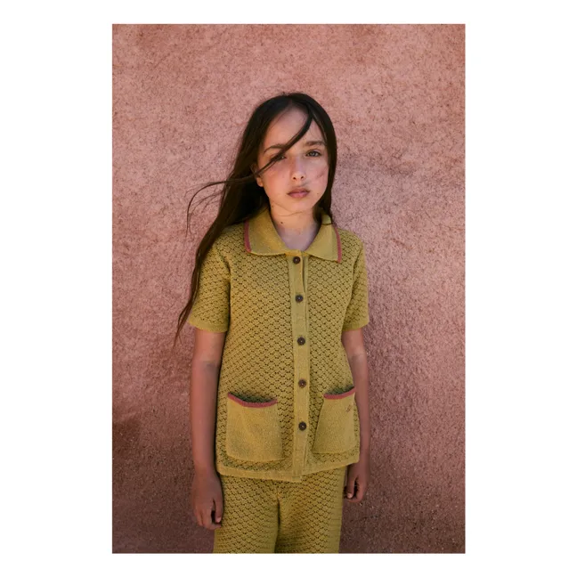 Camisa de algodón orgánico con bolsillos Pointelle | Verde amarillo