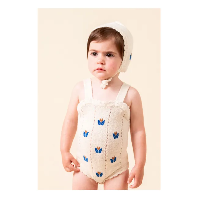 Organic Cotton Flower Embroidered Fine Knit Beguin | Ivory