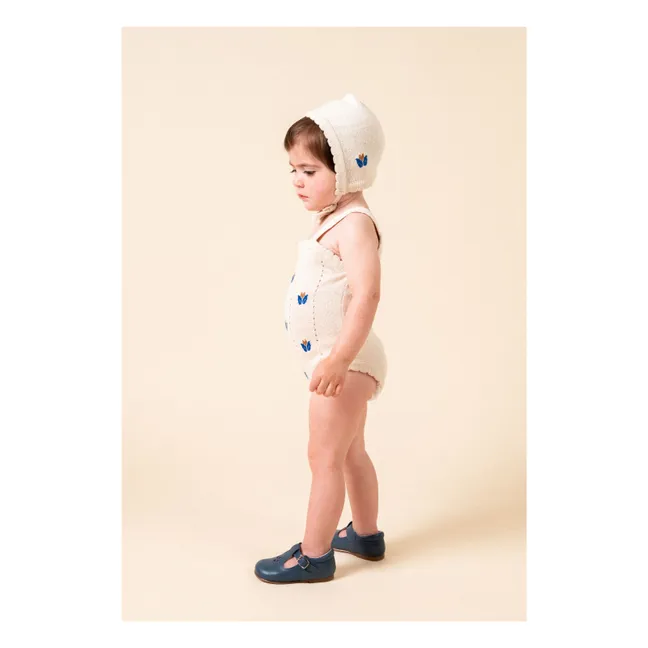 Organic Cotton Flower Embroidered Fine Knit Beguin | Ivory