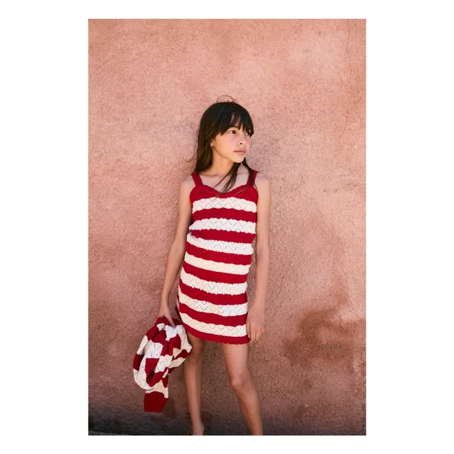 Pointelle Chili Striped Cardigan | Red