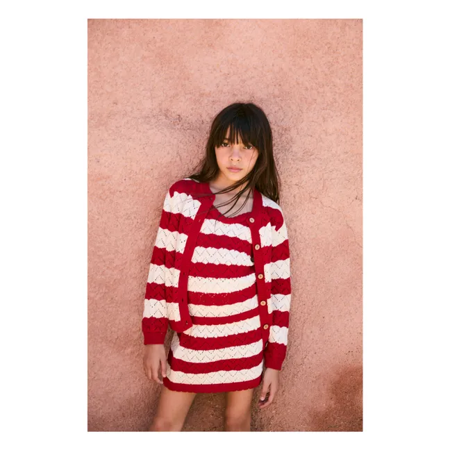 Pointelle Chili Striped Cardigan | Red