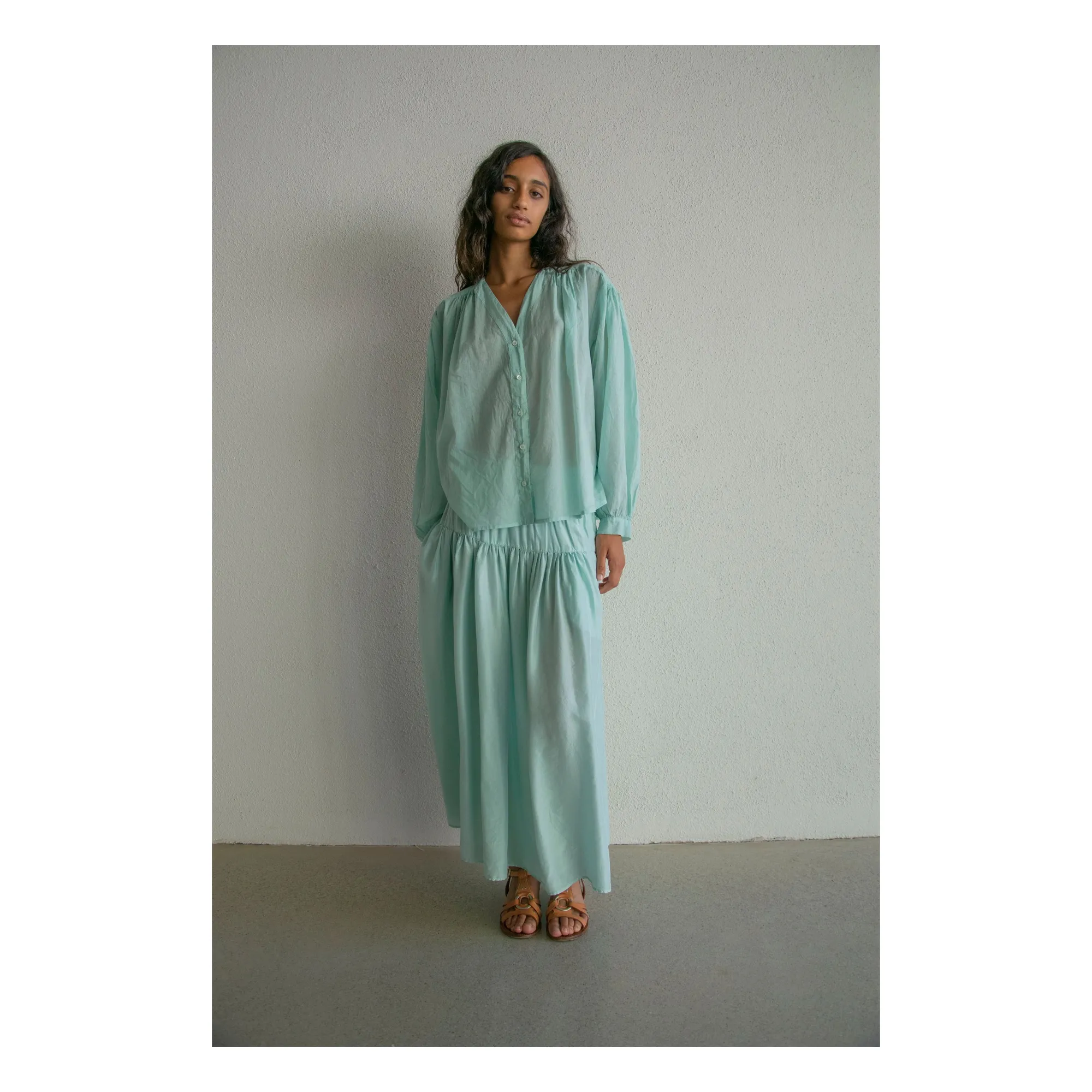 Blouse Vintage Col V Voile de Coton | Vert d'eau- Image produit n°2