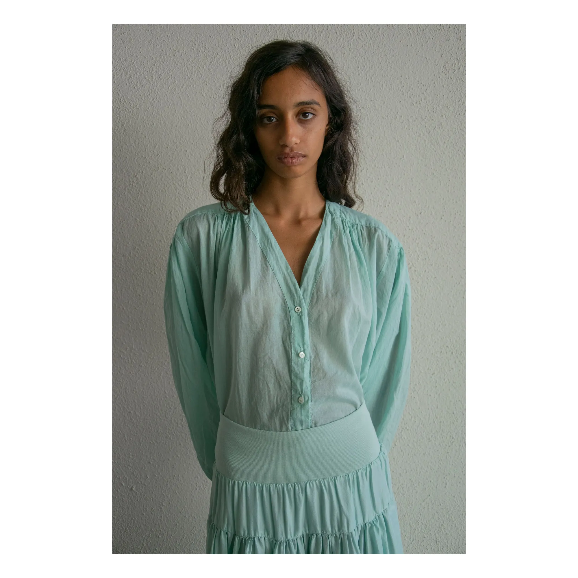 Blouse Vintage Col V Voile de Coton | Vert d'eau- Image produit n°1