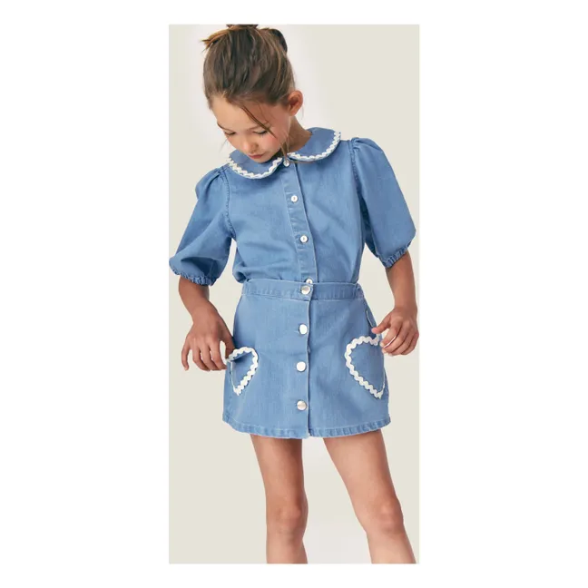 Louise Denim Skirt Pockets Hearts | Light Blue