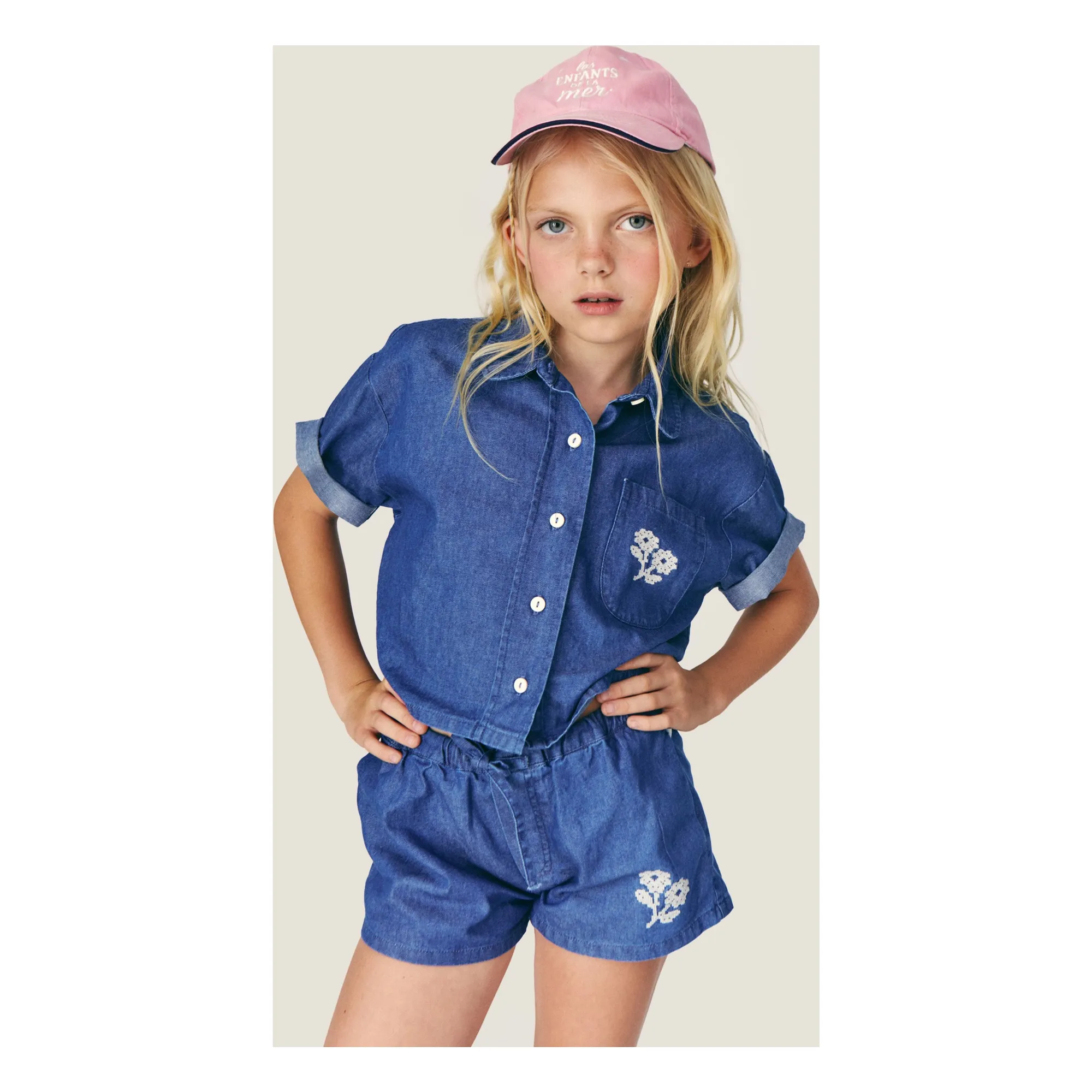 Chemise Denim Amélie Fleurs Coton BCI | Bleu- Image produit n°1