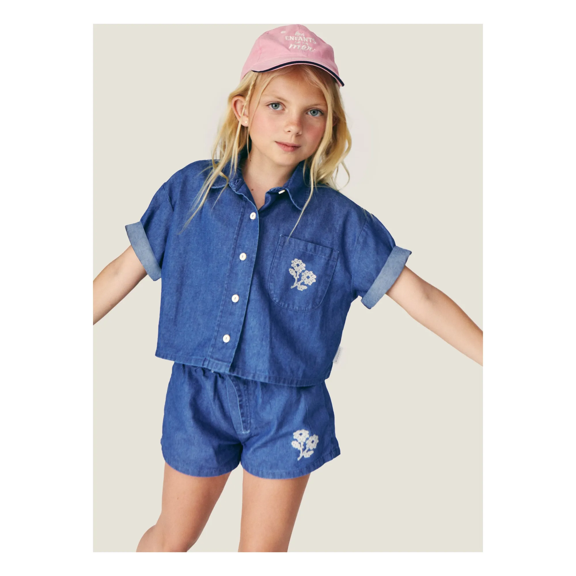 Chemise Denim Amélie Fleurs Coton BCI | Bleu- Image produit n°2