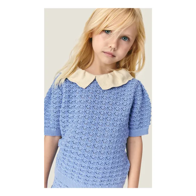 Cherry Crochet Short Sleeve Sweater | Blue