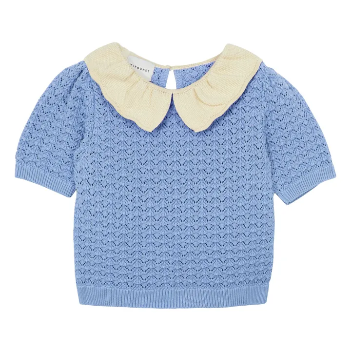 Jersey de manga corta de ganchillo cereza | Azul- Imagen del producto n°0