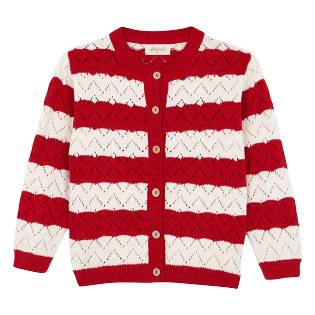 Pointelle Chili Striped Cardigan | Red