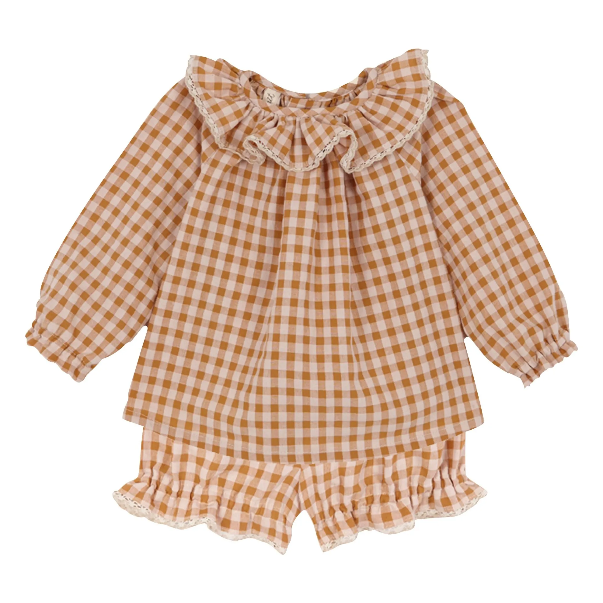 Birinit Caramel Organic Cotton Vichy Blouse And Bloomer Set