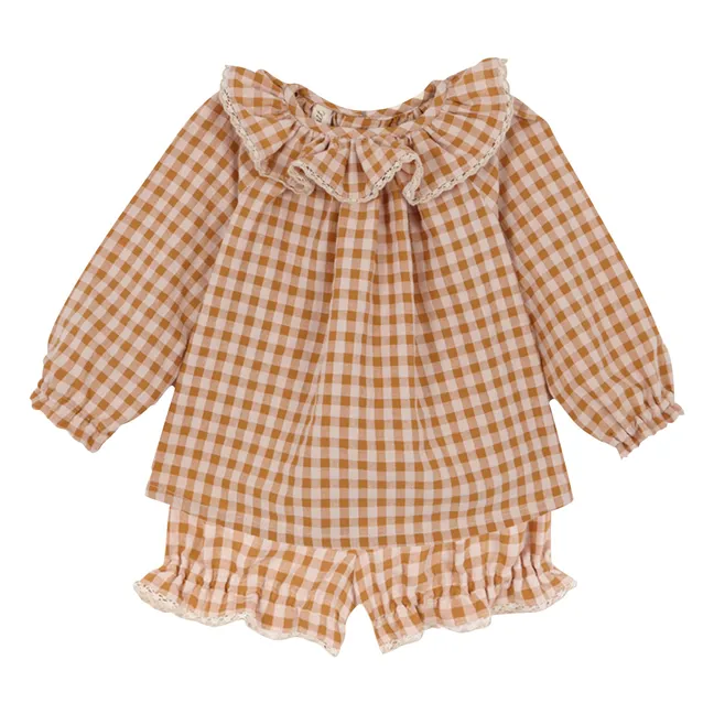 Ensemble Blouse et Bloomer Vichy Coton Bio | Caramel