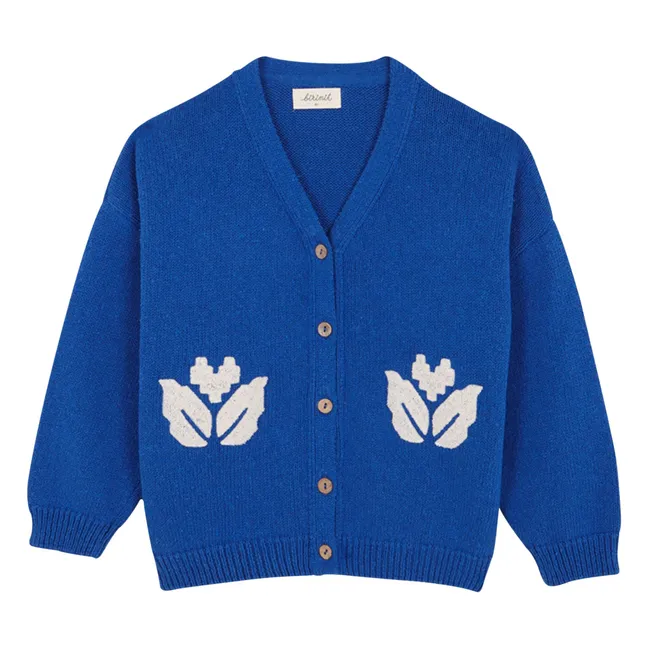 Cobalt Flower Embroidered Organic Cotton Cardigan | Royal blue