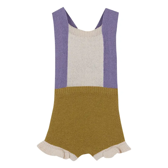 Fine knit Color Block ruffle romper | Yellow green