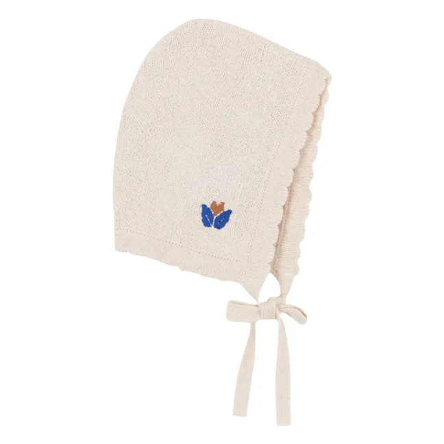 Gorro de punto fino con bordado de flores de algodón orgánico | Marfil