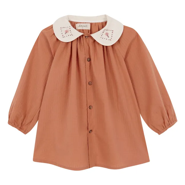 Blusa con cuello Claudine de algodón orgánico Dessert | Marrón Rojizo