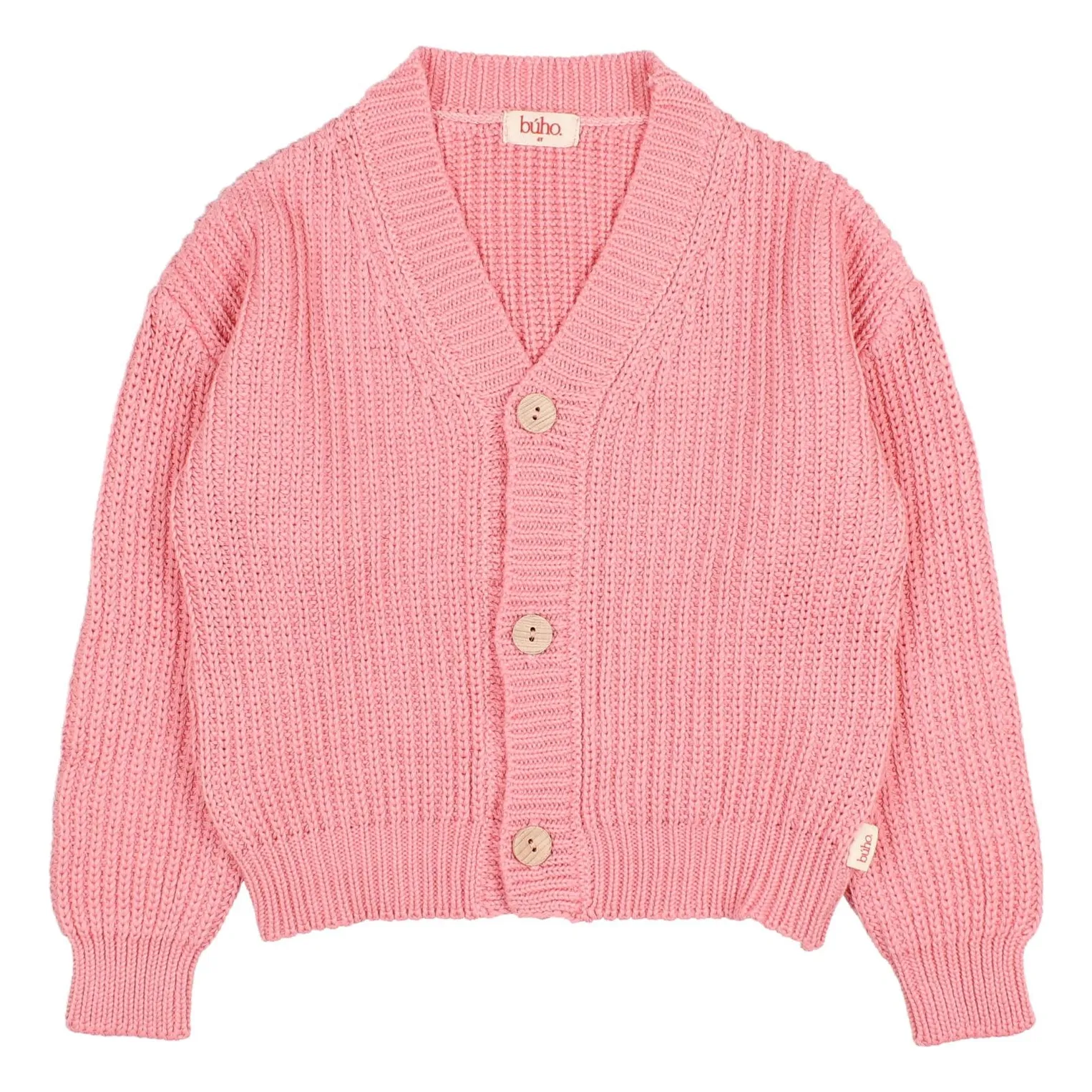 Búho Candy Pink Organic Cotton V-Neck Ribbed Cardigan