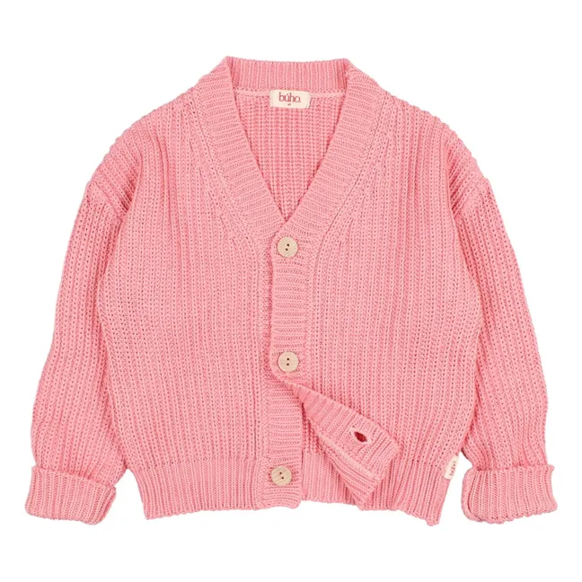 Cardigan Col V Côtes Perlées Coton Bio | Rose bonbon
