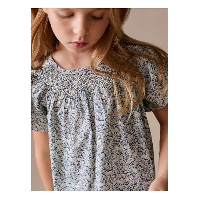 Blouse Smockée Nella Fleurie Coton Bio | Bleu de Prusse