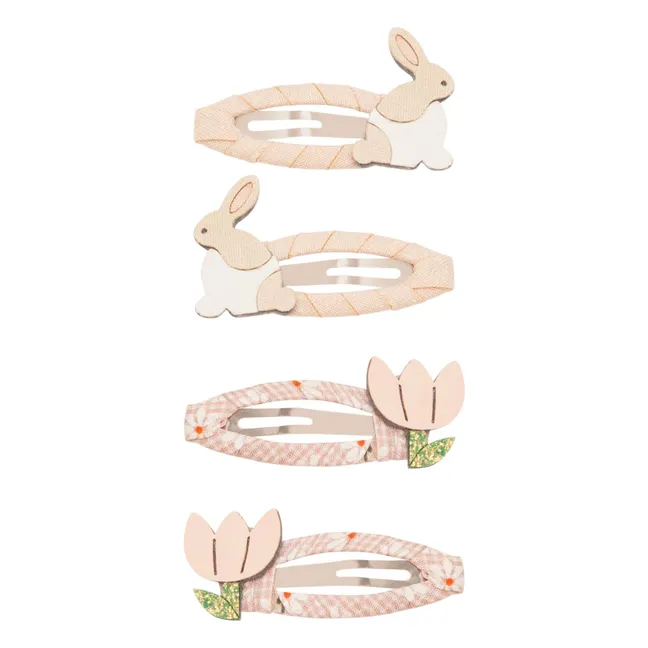 Lot de 4 Barrettes Lapins & Fleurs | Rose