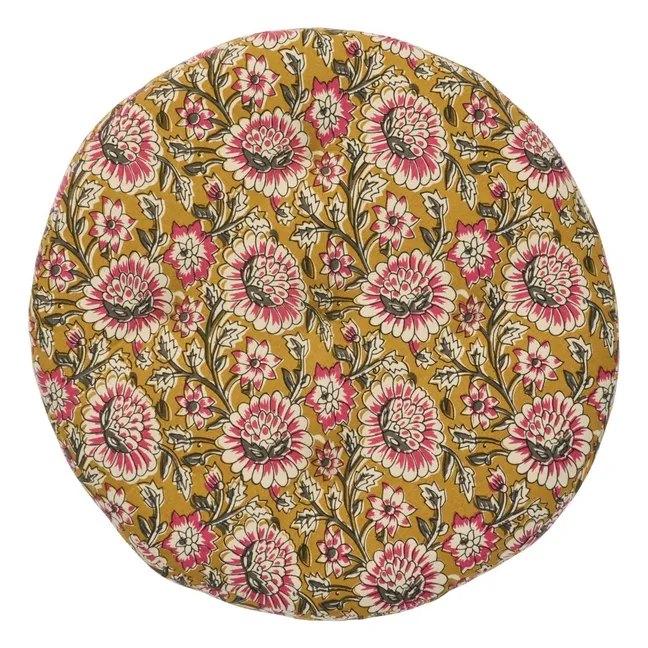 Galette de chaise en coton imprimé à fleurs | Jaune moutarde