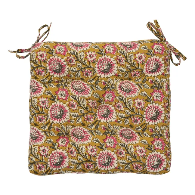 Cuscino per sedia in cotone stampato a fiori | Giallo senape