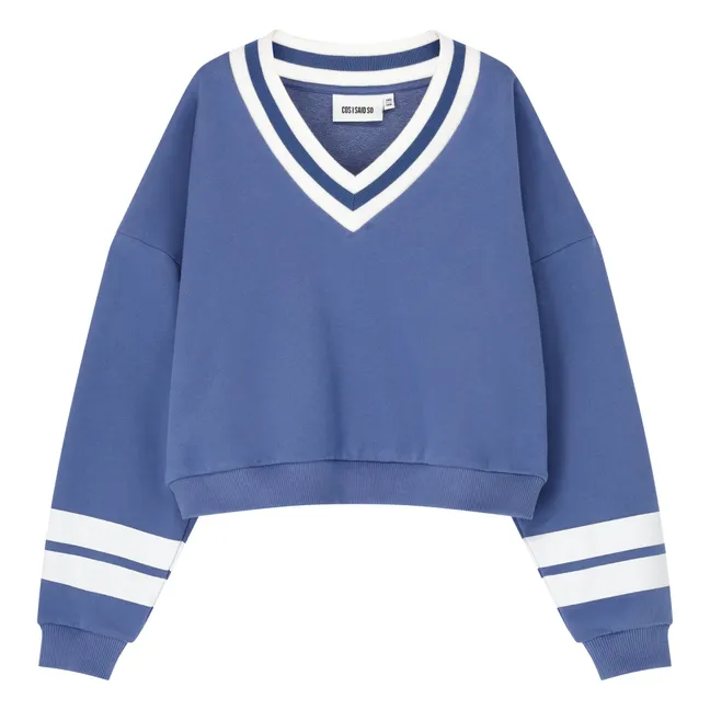 Sweat Col V Bandes Coton Bio | Bleu