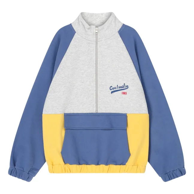 Felpa con zip con logo colorblock in cotone organico | Grigio chiné