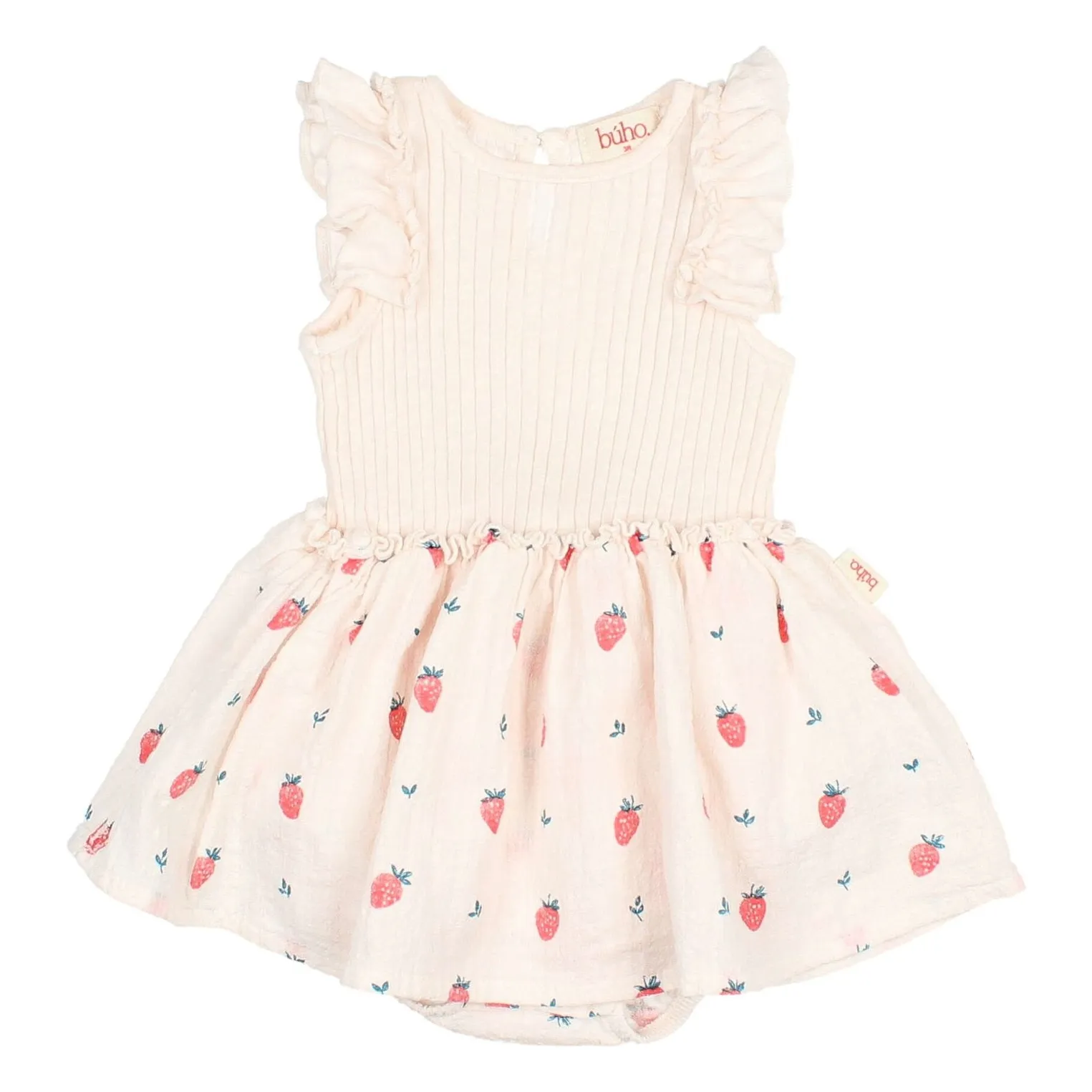 Búho Lychee Pink Ribbed Romper Dress Strawberry Organic Cotton