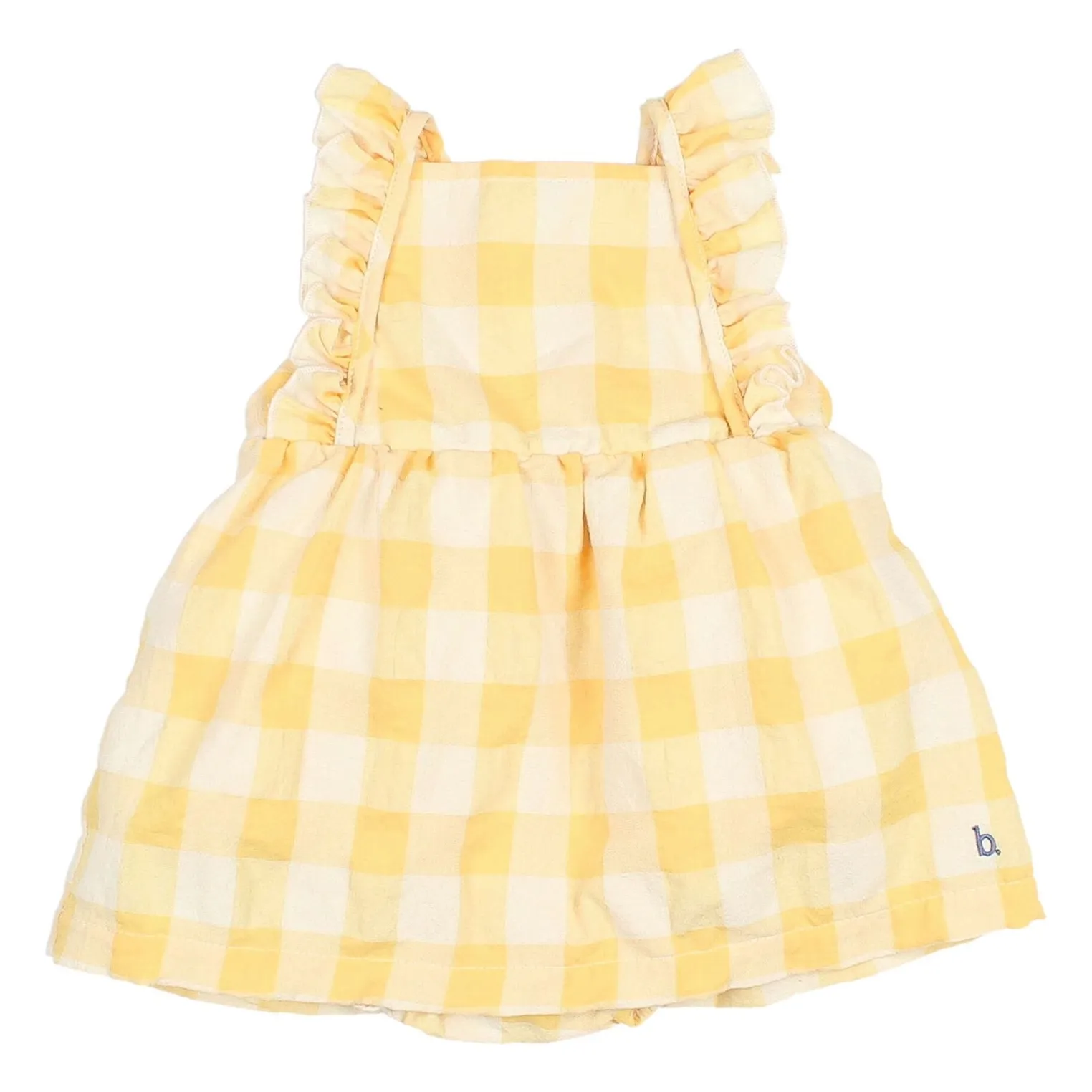 Búho Yellow Gingham Ruffle Seersucker Organic Cotton Romper Dress