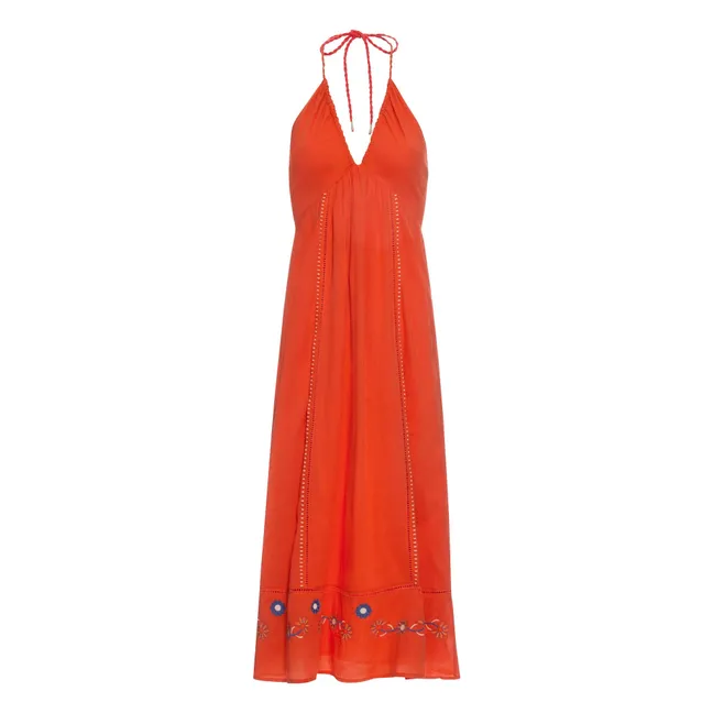 Embroidered Halter Maxi Dress in Organic Cotton | Coral