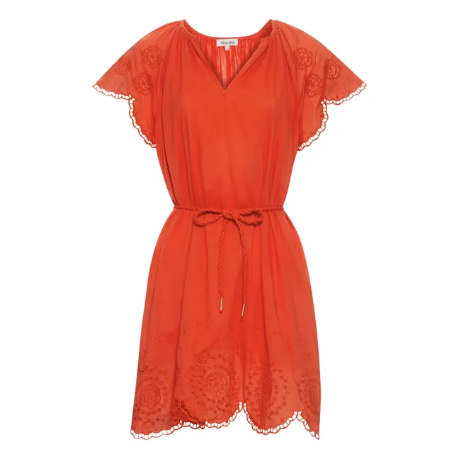 Organic cotton embroidered short dress | Coral