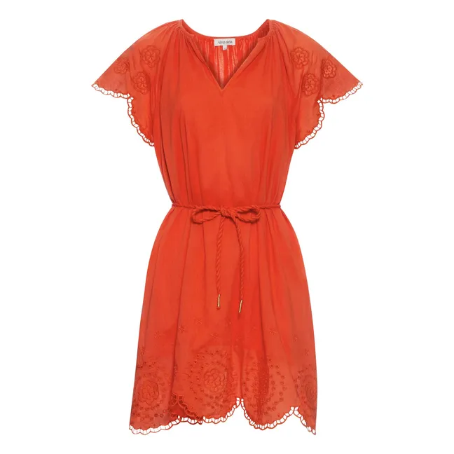 Vestido corto bordado de algodón orgánico | Coral