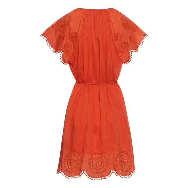 Organic cotton embroidered short dress | Coral