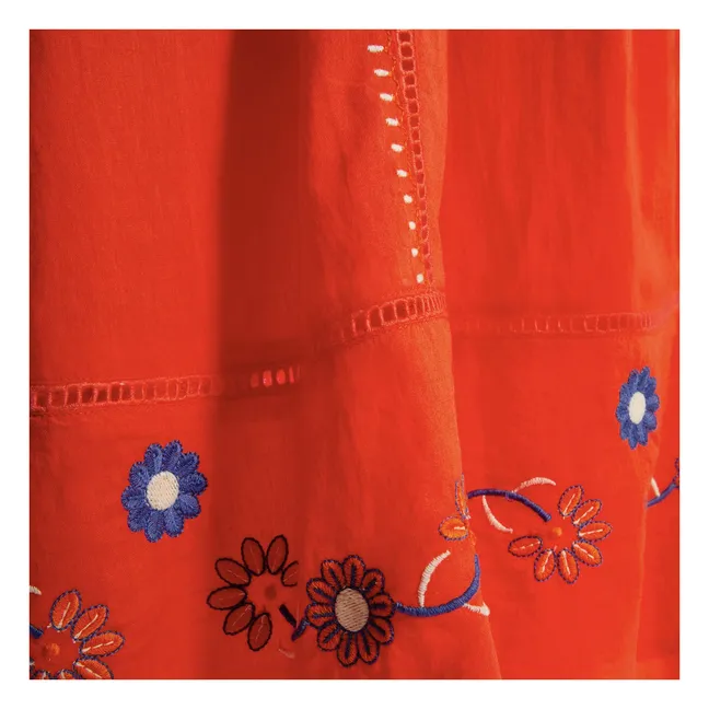 Embroidered Halter Maxi Dress in Organic Cotton | Coral