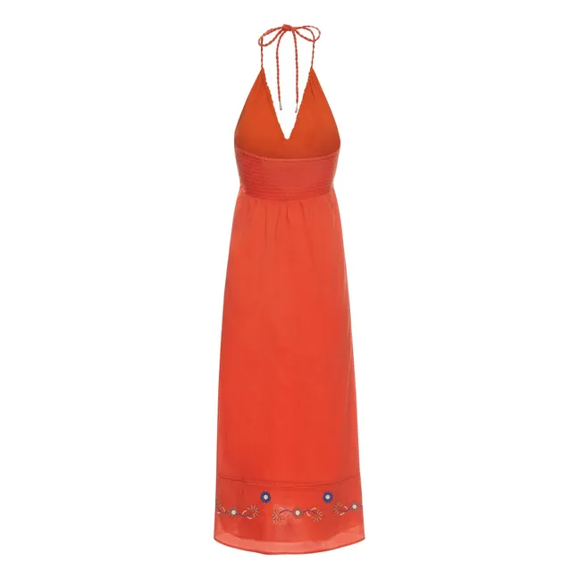 Embroidered Halter Maxi Dress in Organic Cotton | Coral