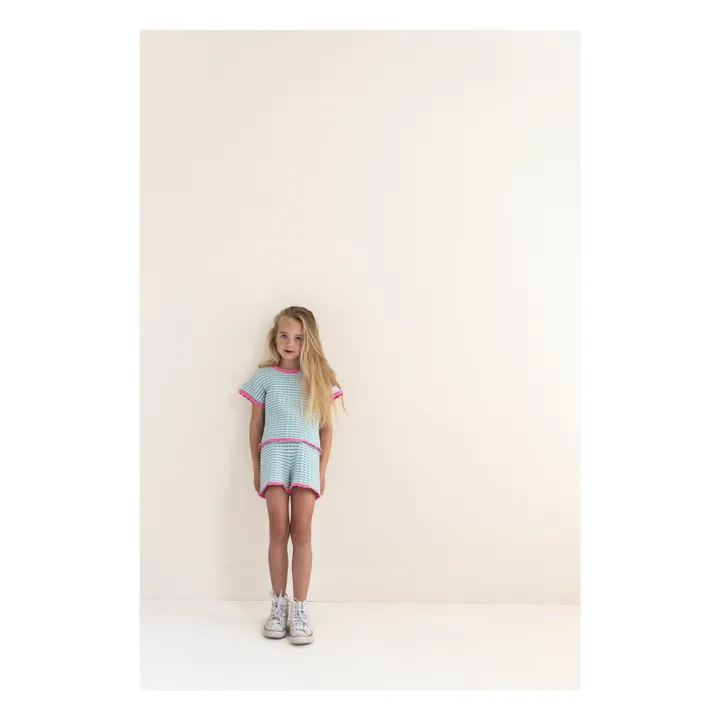 Top de algodón orgánico a rayas Pointelle Lola | Turquoise- Imagen del producto n°1