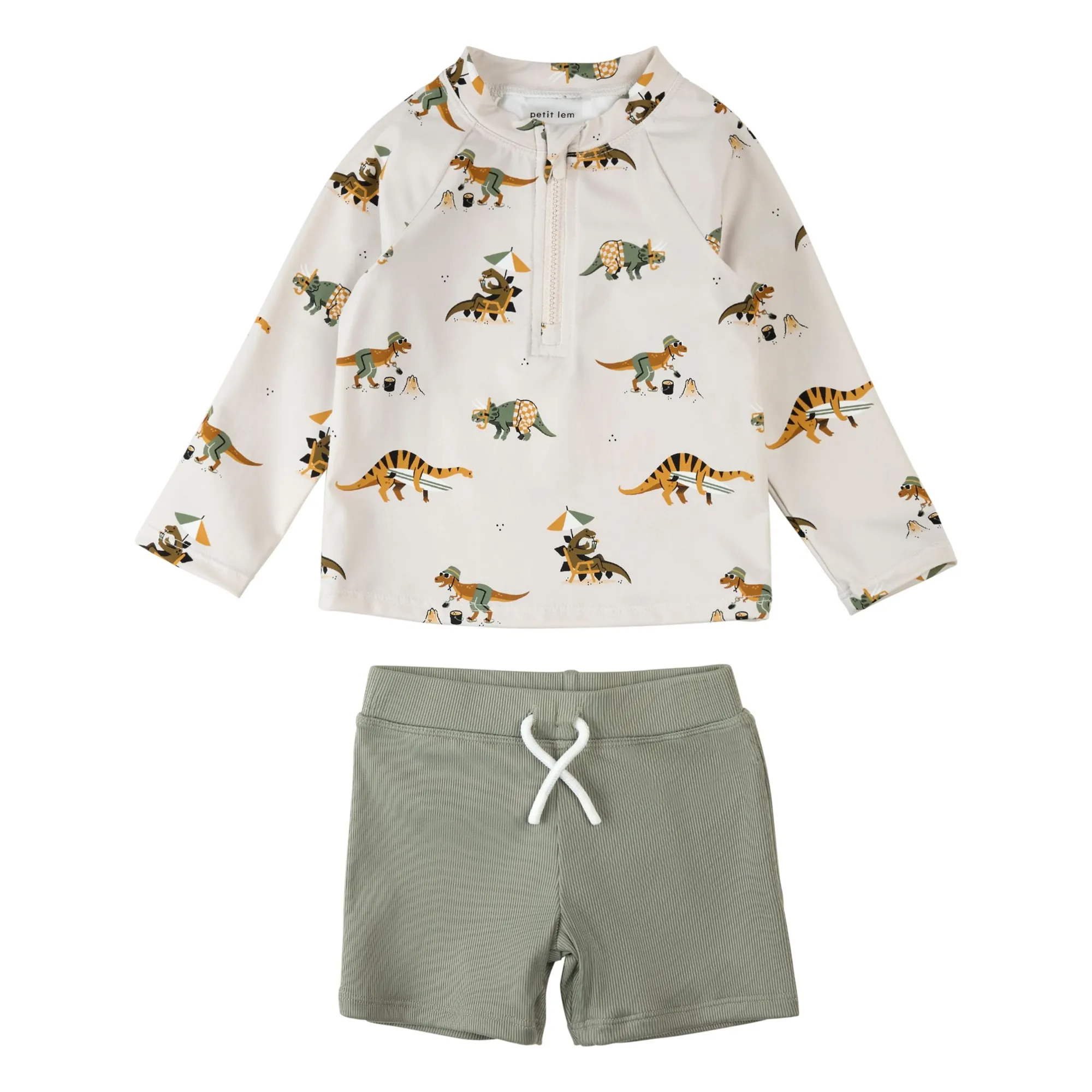 Petit Lem Khaki Dinosaurs Recycled Fiber Uv Protection T-Shirt And Short Set