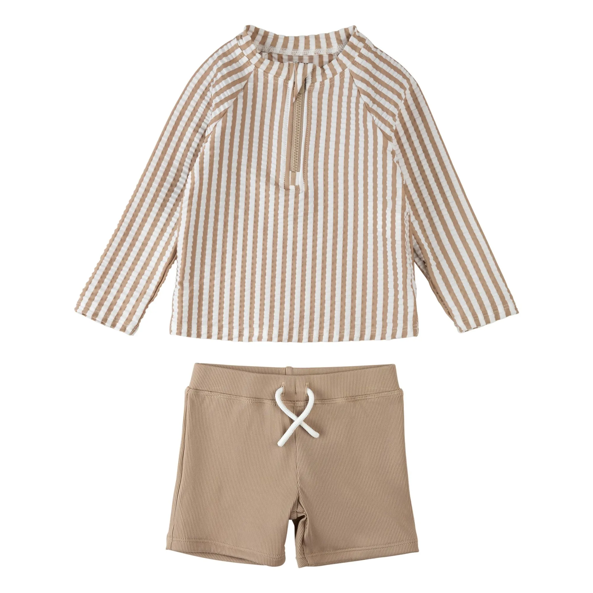 Petit Lem Beige Seersucker Striped Uv Protection T-Shirt And Short Set Recycled Fibers