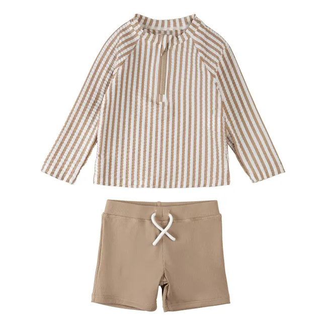 Conjunto de camiseta y pantalón corto Seersucker a rayas con protección UV Fibras recicladas | Beige