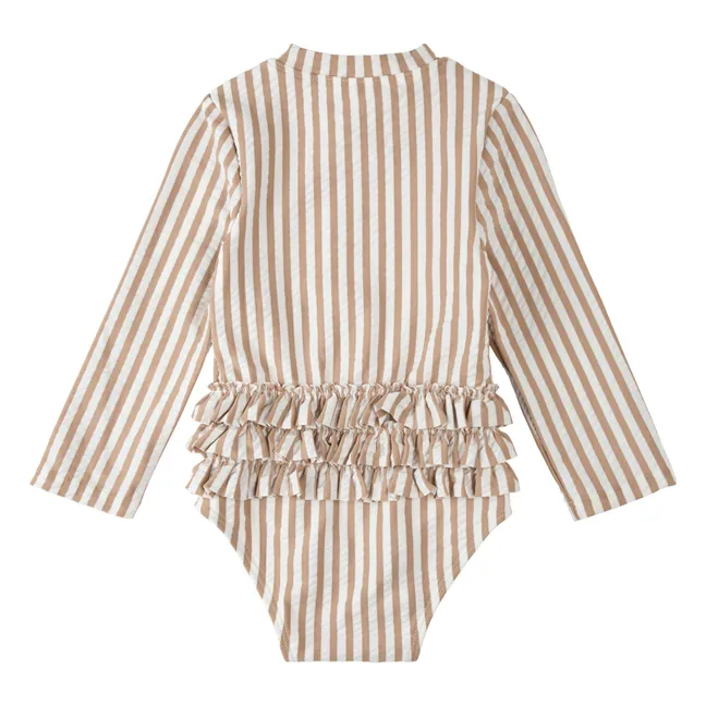 Bañador de manga larga a rayas Seersucker Fibras recicladas | Beige