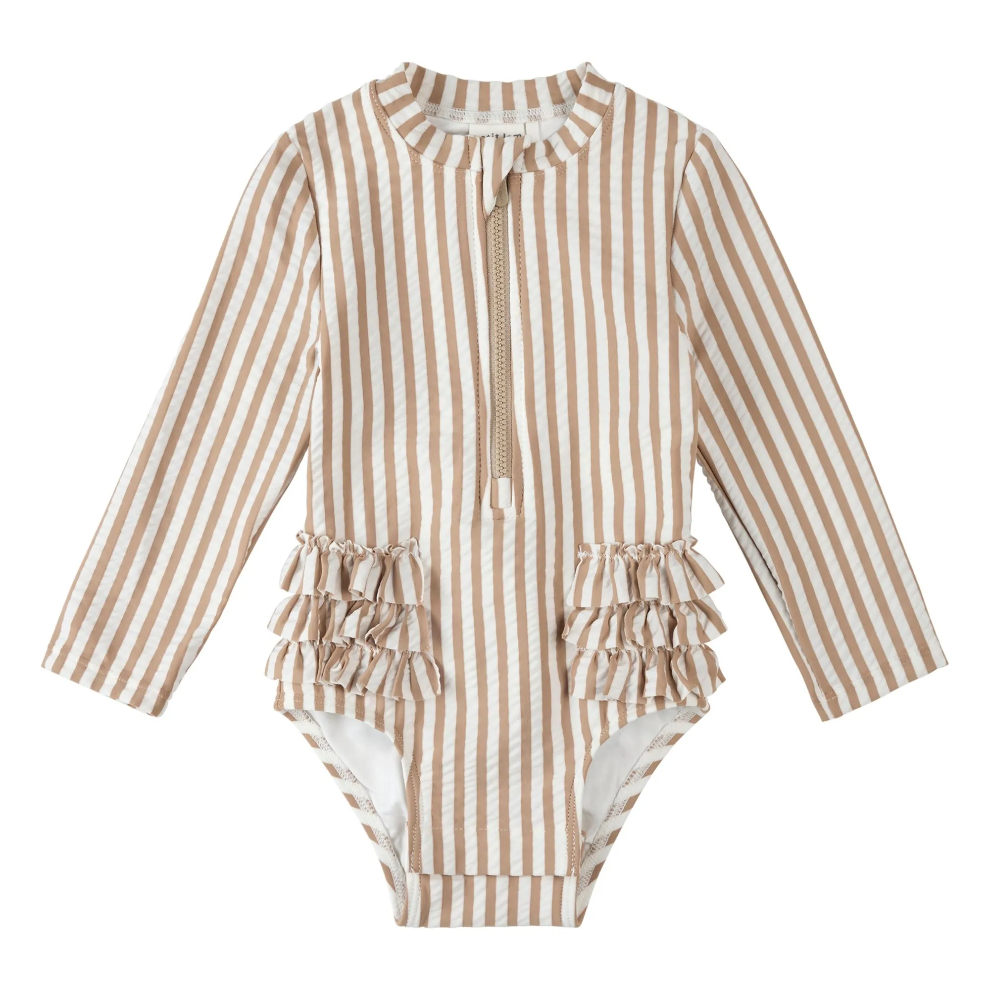 Petit Lem Beige Seersucker Striped Long Sleeve Swimsuit Recycled Fibers