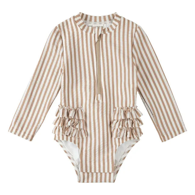 Bañador de manga larga a rayas Seersucker Fibras recicladas | Beige