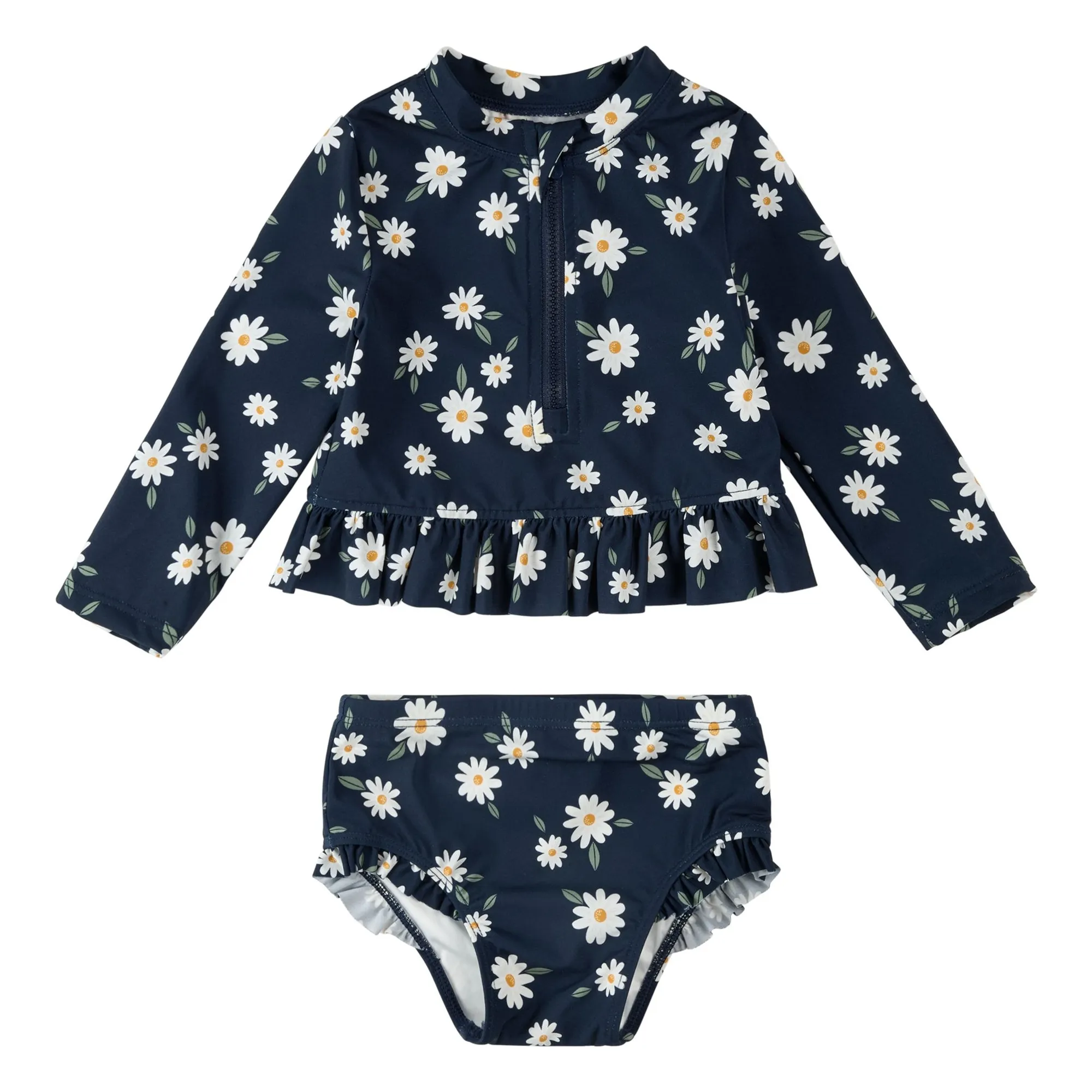 Petit Lem Navy Blue Flowery Uv Protection T-Shirt And Panty Set Recycled Fibers