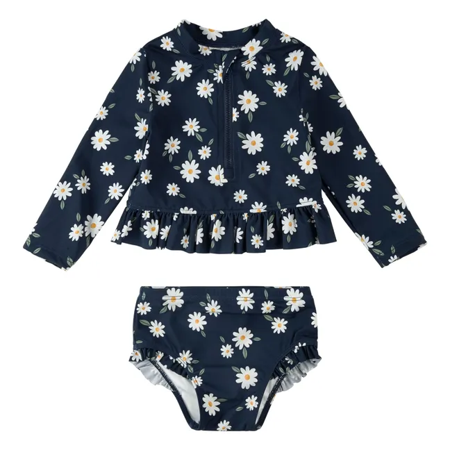 Ensemble T-shirt et Culotte Anti-UV Fleuri Fibres Recyclées | Bleu marine