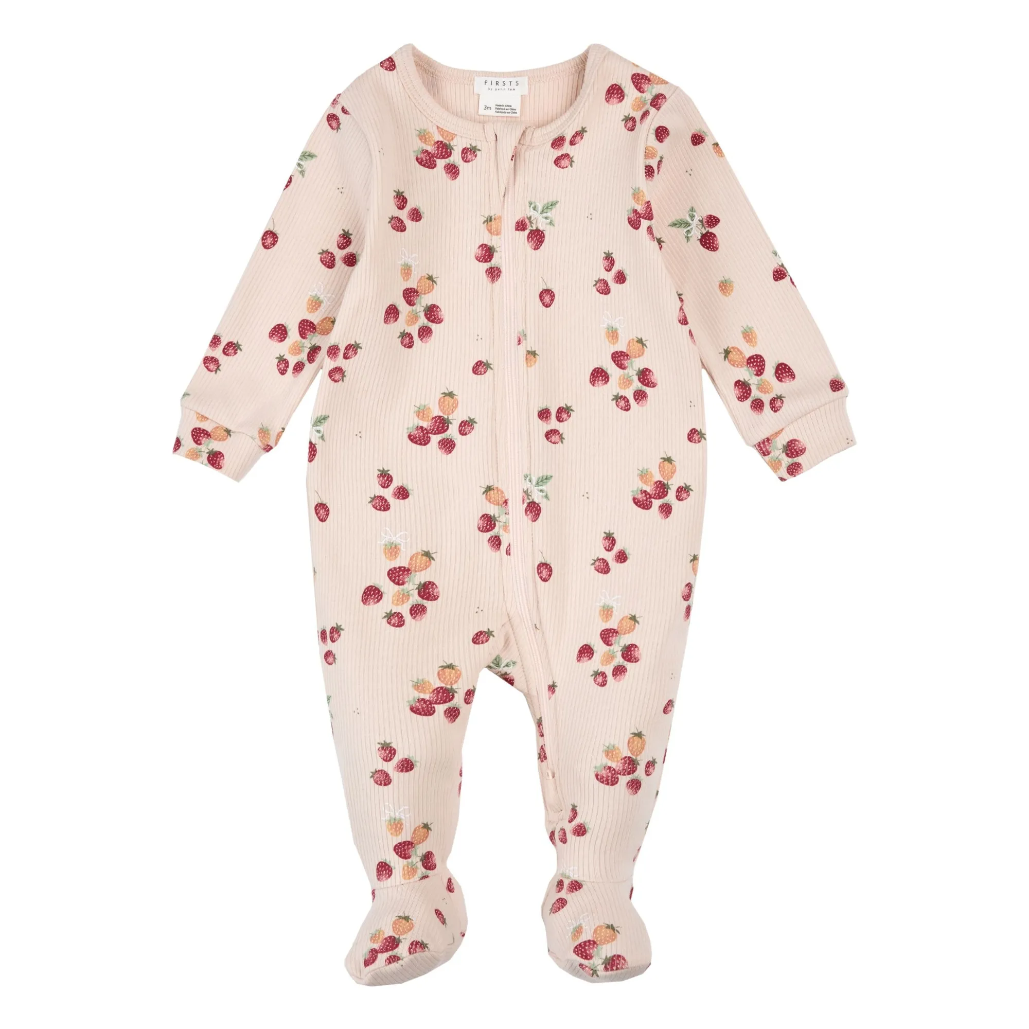 Petit Lem Girls Pink Pyjamas With Feet Strawberry Ribbed Organic Cotton