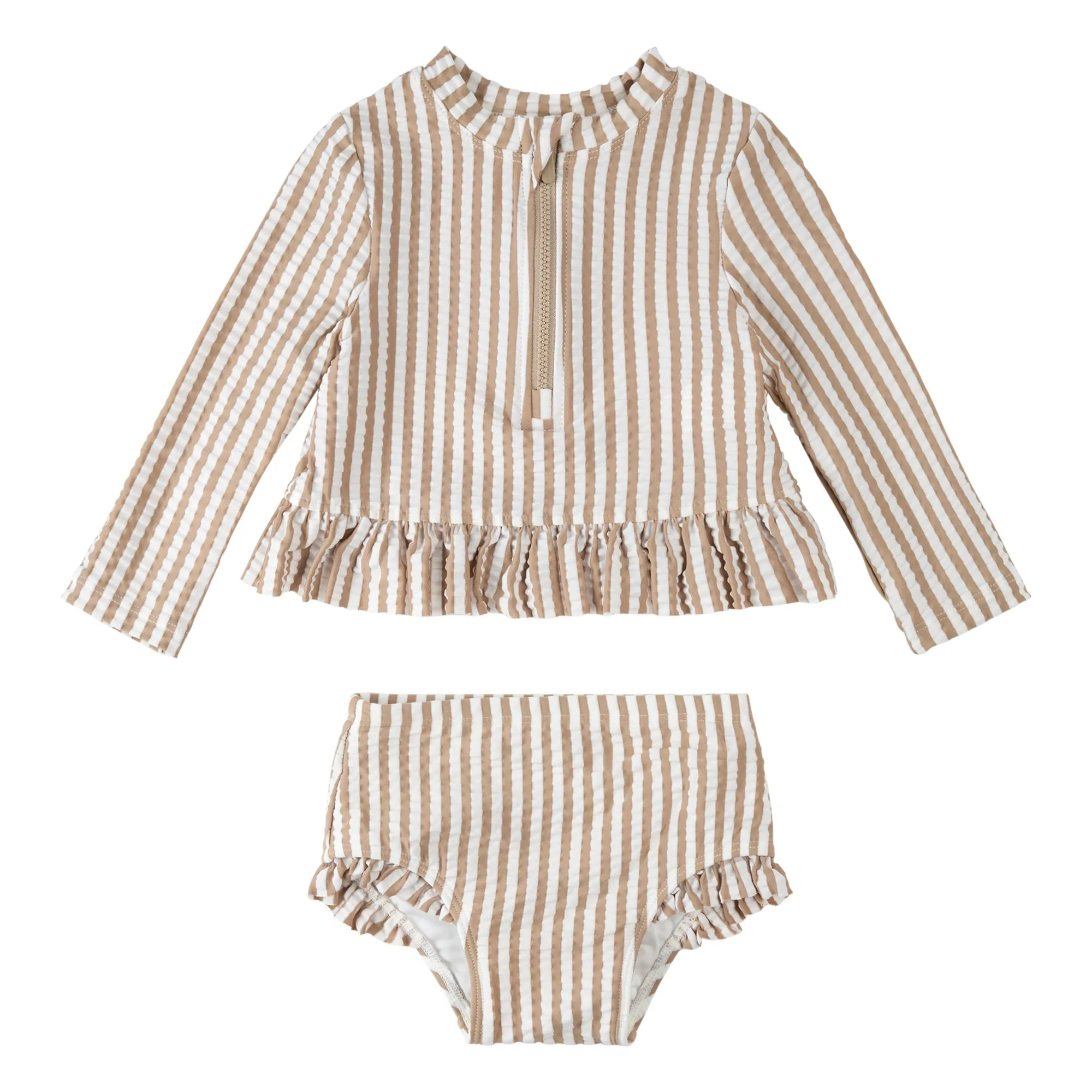 Petit Lem Beige Seersucker Striped Uv Protection T-Shirt And Panty Set Recycled Fibers