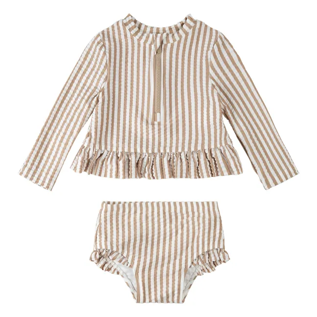 Conjunto de camiseta y calzoncillo Seersucker a rayas con protección UV Fibras recicladas | Beige